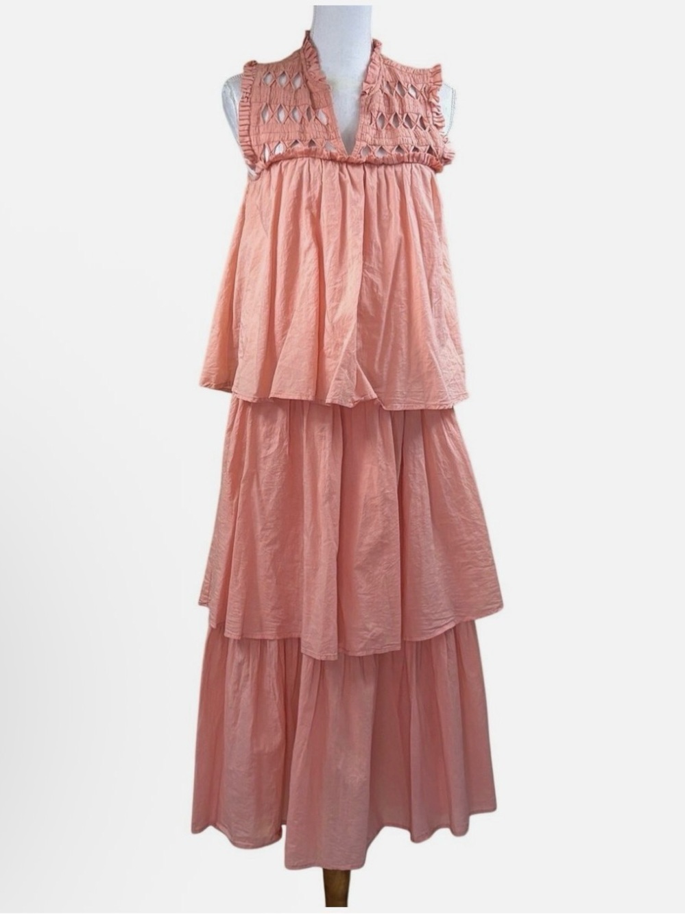 Self Contrast Sleeveless Peach Tiered Maxi Dress with Smocked Yoke